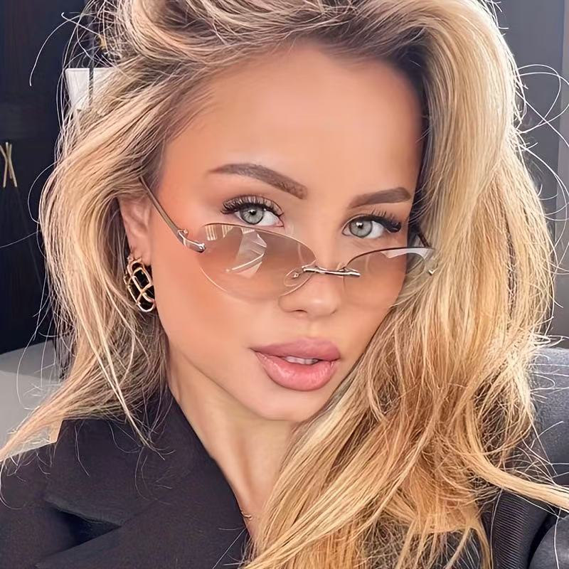 Rimless Oval Sunglasses Women  - Metal Photo Panel のレビューと価格